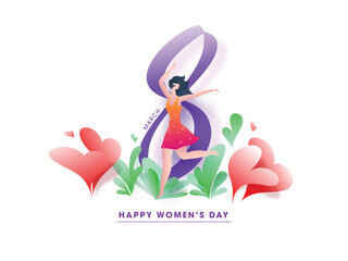 8 March, Happy Women's Day Greeting Card with Cartoon Modern Young Girl Dancing, Hearts Decorated on White Background.