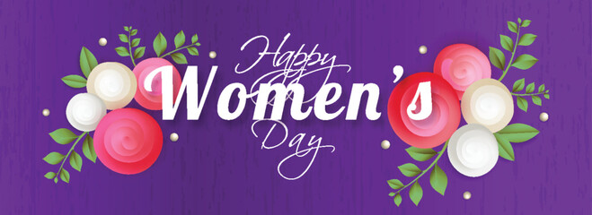 Happy Women's Day Calligraphy with Beautiful Floral Decorated on Purple Texture Background. Social Media Header or Banner Design.