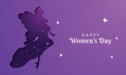 Happy Women's Day Banner Design with Paper Butterflies, Silhouette Angel on Gradient Purple Background.