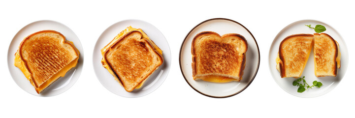 A set of grilled cheese sandwiches on a plate with a transparent background is in the top view. PNG.