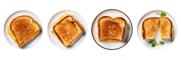 Foto op Aluminium A set of grilled cheese sandwiches on a plate with a transparent background is in the top view. PNG. © AnjanKumar