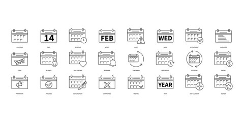 calendar icons set. Set of editable stroke icons.Vector set of calendar