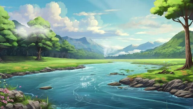 Animated illustration of a peaceful mountain valley view, with a large flowing river. Can be used for natural themes. Background animation.