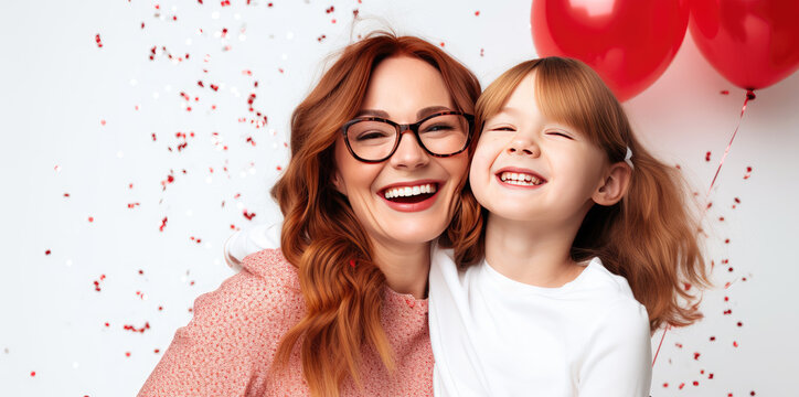 Beautiful millenial mom with little daughter have fun on white background with red balloons and confetti on Valentines day.