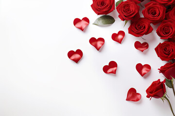 Bouquet of red roses and hearts on white background. Valentines day, banner format. Place for text.