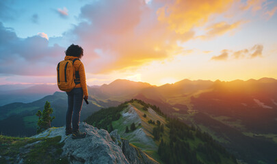 Person with Natural Hair Holding Smartphone, Hiker Standing on Mountain Peak after Hiking at Sunrise, with Copy Space