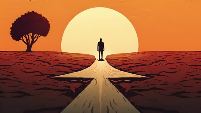 A person standing in the middle of two roads not sure which one to take. Psychology art concept.