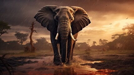 Elephant in savanna. Generative AI