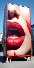 Advertise beauty women red lipstick on roll-ups.