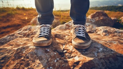 Boy's feet wearing sneakers Close-up walking on rocks In a wide field, lifestyle, soft sunlight - obrazy, fototapety, plakaty