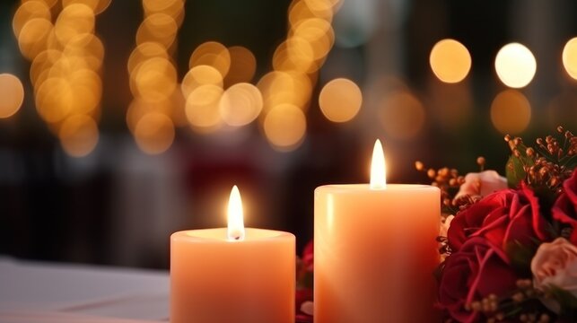 Close up candle light decoration Pair of candles decorate a luxurious wedding banquet dinner.