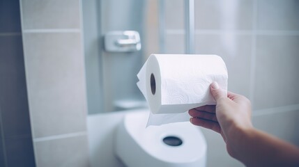 showing hand pulling out toilet paper in a white bathroom. - obrazy, fototapety, plakaty