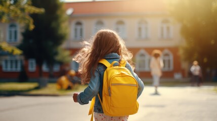 happy little girl children go to school with backpacks A girl wearing a backpack walks to school