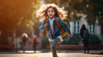 Little girl with school backpack and books runs to school.