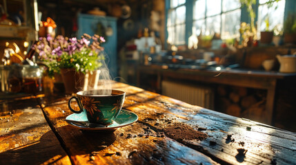 Steaming cup of coffee on a farm table. - obrazy, fototapety, plakaty