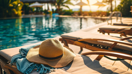 Sun hat and beach towel on lounge chair at a luxury hotel swimming pool. Island escape at upscale resort. Destination travel, luxury vacation, tropical paradise for solo traveler. Room for type.  - obrazy, fototapety, plakaty