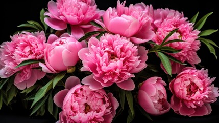 Pink peonies in full bloom on a black background. Peonies open in bloom. Close-up. Valentine's Day concept background.
