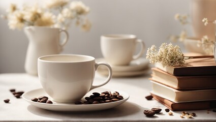 Cup of coffee, books and flowers on white table, closeup