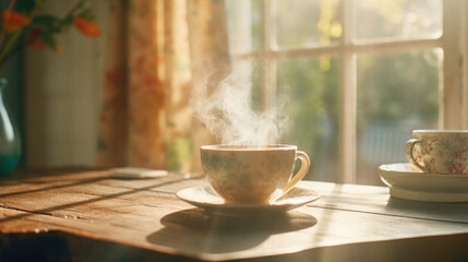 Fototapeta na wymiar Steaming cup of coffee on a farm table.