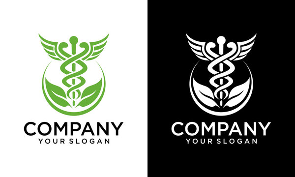 Creative Snake medical logo design with green leaves. Healthy lifestyle theme. Flat vector symbol for medical treatment or health center.
