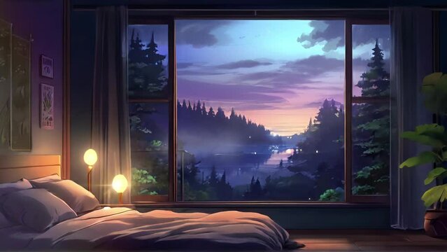 Animated illustration of a bedroom in the middle of a peaceful forest, with a nighttime forest view. Background animation.