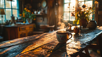 Steaming cup of coffee on a farm table.