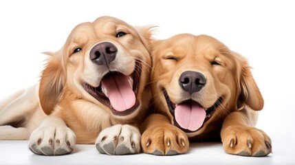 Two smiling dogs with happy expressions and closed eyes.