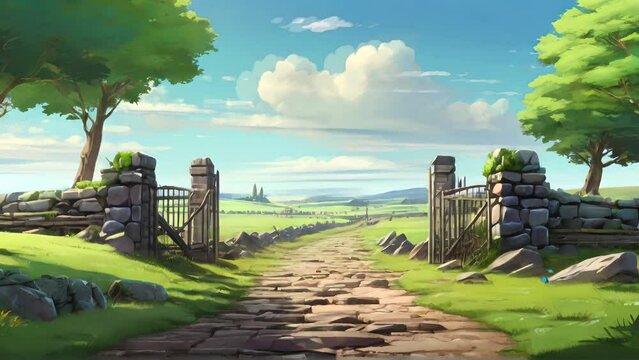 Animated illustration of a natural rural road gate made from a pile of stones. Illustration of a simple road with natural views. Background animation.