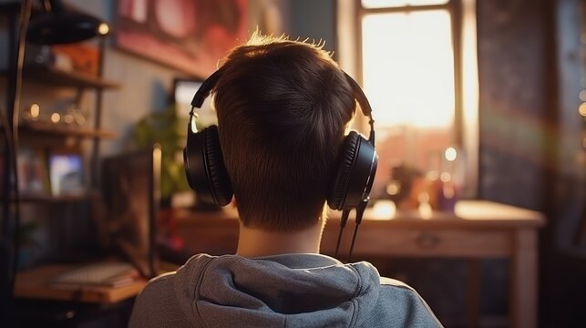 Young gamers in VR headsets play virtual reality online video games using wireless controllers.