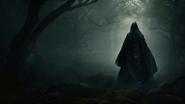 A sinister figure cloaked in shadow lurks amid the dense fog of a dank forest.
