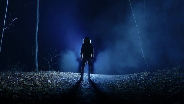 An ominous male silhouette in a night foggy forest. A scary figure from horror films stands menacingly on a forest path in the dark.
