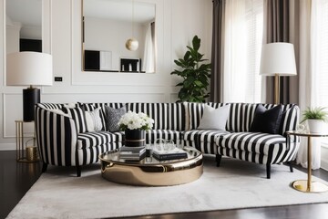 Interior home design of modern living room with black and white striped sofa in a luxurious room
