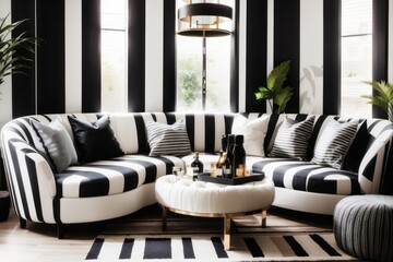Interior home design of modern living room with black and white striped sofa in a luxurious room - Powered by Adobe