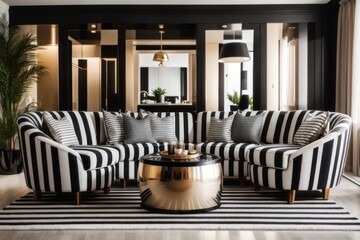 Interior home design of modern living room with black and white striped sofa in a luxurious room