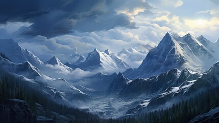 Snow-covered mountain panorama.. Generative AI