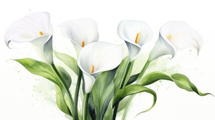 Fototapeta premium Calla lilies flowers in watercolor background, card background frame, clipart for greeting cards, save the date. Perfect concept for wedding, Mother's Day, Valentine's Day, 8 March.