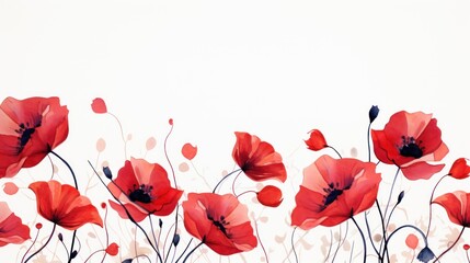 Cascading red poppies flowers in watercolor background, card background frame, clipart for greeting cards, save the date, copy space. Perfect for wedding, Mother's Day, Valentine's Day, 8 March.