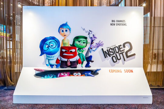 BANGKOK, THAILAND, 01 Jan 2024 - A beautiful standee of a movie called Inside out 2 from walt disney display at the cinema to promote the movie