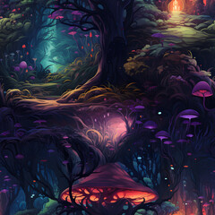 Enchanted Forest, Digital Painting, mystical colors, vector, Seamless patterns