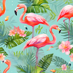 Fototapeta premium Flamingos, Mixed Media, tropical tones, vector, Seamless patterns