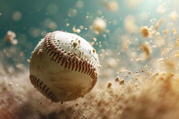 Obraz na płótnie Canvas : A baseball caught in the frame just after being struck by a powerful swing, showcasing the distortion of the ball as it leaves the bat. The baseball diamond is subtly blurred, highlighting the 