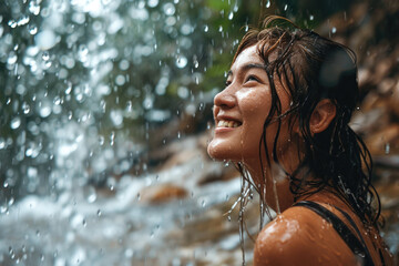 Obraz premium Portrait young smiling woman with wet hair walking in the forest, generative ai