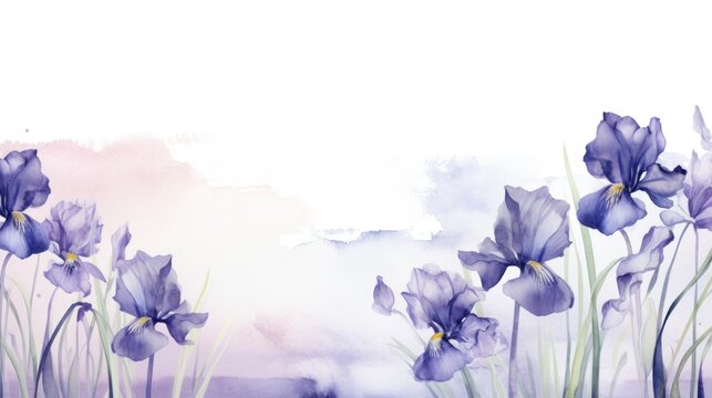 Irises flowers in watercolor background, card background frame, clipart for greeting cards, save the date, copy space. Perfect concept for wedding, Mother's Day, Valentine's Day, 8 March.