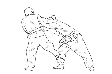 Line drawing of two young sportive judoka fighter. Judoist, judoka, athlete, duel, fight, judo
