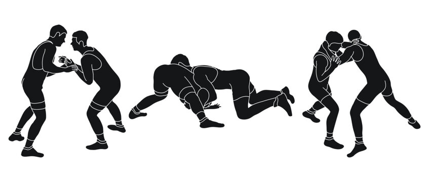 Line sketch of silhouettes athletes wrestler in wrestling, fighting. Greco Roman wrestling, fight, combating, struggle, grappling, duel, mixed martial art, sportsmanship