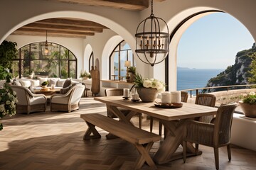 Naklejka premium Elegant Mediterranean Dining Room With Ocean View