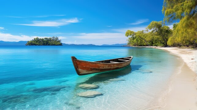 Wooden boat on a tropical beach with crystal clear water