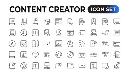 Fototapeta na wymiar Set of outline icons related to content creation, media. Linear icon collection. Editable stroke. Vector illustration