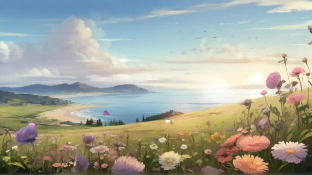 The view of the beach from the top of the flowering hill is beautiful and calming. Smooth and repeatable animations