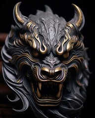 Dragon head in the Chinese style on black background, close-up